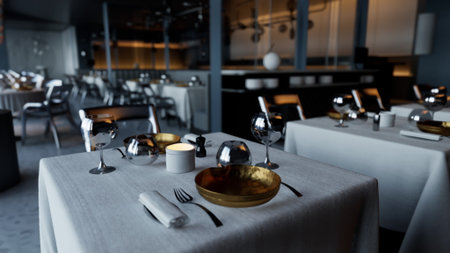 Soft lighting illuminates a sophisticated dining area featuring neatly arranged tables. Each table has gleaming glassware, polished cutlery, and artistic dishware, creating a cozy atmosphere.の写真素材