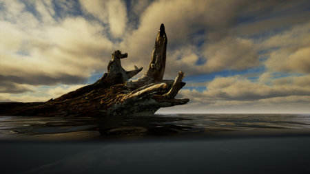 A large piece of driftwood juts out from the calm water, reflecting the colors of a sunset. Fluffy clouds fill the sky, creating a serene atmosphere perfect for contemplation.の写真素材