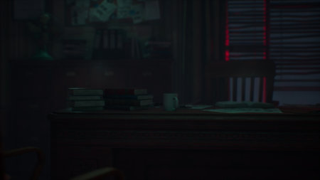 A quiet desk space filled with stacked books and scattered papers. A single coffee mug sits amidst the disarray, illuminated by soft, moody light, creating an atmosphere of contemplation.の写真素材