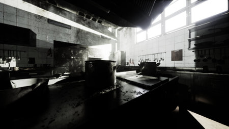 Sunlight streams through dirty windows of an abandoned kitchen, illuminating dusty surfaces and rusting cookware. Shadows reveal the remnants of culinary activity long forgotten.の写真素材