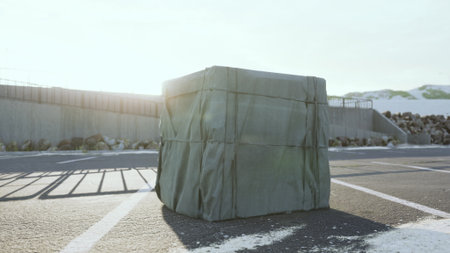 A green covered object sits in a parking lot under a bright sun. The background features rocky terrain and distant mountains, creating an intriguing scene around the mysterious item.の写真素材