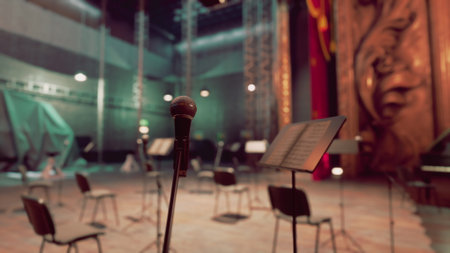 A microphone stands alone on stage, surrounded by empty chairs and music stands. The atmosphere is charged with anticipation as an exciting performance approaches in this grand theater.の写真素材