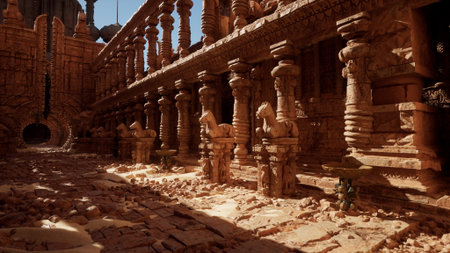 The scene showcases intricately carved stone columns and sculptures of horses in an ancient ruin. Sunlight filters through, illuminating the weathered stones and adding depth to the historic site.の写真素材