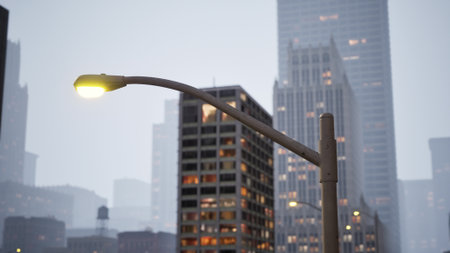 A glowing streetlight casts warm light in a quiet city street enveloped in mist. Tall buildings loom in the background, their windows glowing softly as evening descends.の写真素材