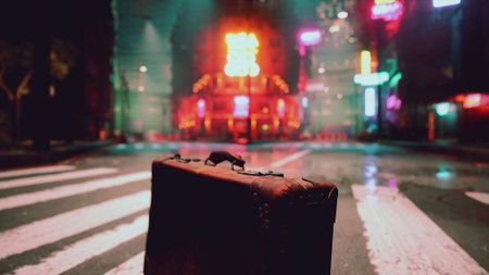 A lone suitcase sits on a wet city street, illuminated by vibrant neon lights. The eerie atmosphere suggests a story waiting to unfold in this urban landscape filled with colorful reflections.の写真素材