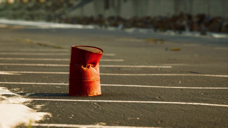 A worn red barrel sits in the middle of an empty parking lot. The asphalt is cracked and weathered, with distant waves crashing against the shore in the background under a clear sky.の写真素材