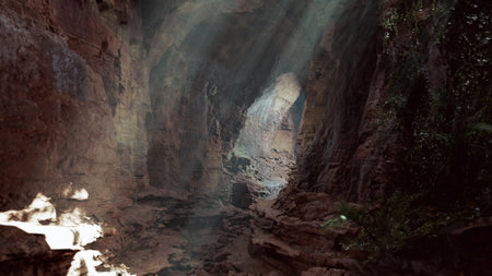 Sunlight streams into a serene cave, casting beautiful rays against the rugged stone walls. Lush...