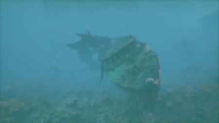 Beneath the tranquil surface, a shipwreck sits quietly on the ocean floor. Marine plants and small fish explore the weathered vessel, creating a peaceful underwater scene.の写真素材
