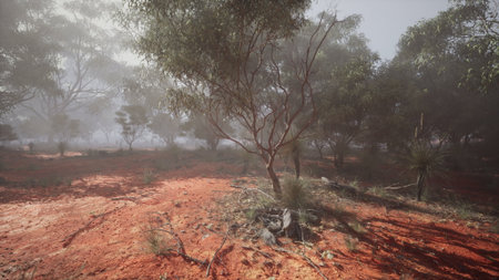 Early morning light caresses the peaceful Australian bushland, enveloped in mist. Tall trees and...