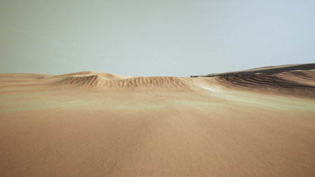 A breathtaking scene of a wide desert expanse with soft, rolling dunes. The landscape is bathed in...