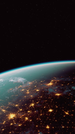 From a distant vantage point, the blue curvature of Earth emerges against a backdrop of stars. City...