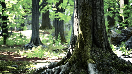 Sunlight filters through the leaves of tall trees in a serene forest. The ground is covered with vibrant green moss and small plants, creating a tranquil atmosphere. Natures beauty surrounds.の写真素材