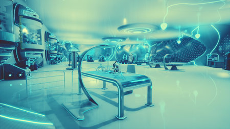 Inside a brilliant futuristic laboratory, sleek surfaces and glowing elements create an otherworldly...