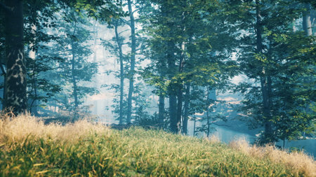 Golden sunlight beams through lush green trees in a tranquil forest. The grass sways gently,...