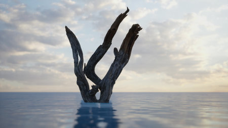 A piece of driftwood stands tall in still waters, reflecting the colors of the sunset. Soft clouds...