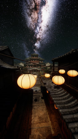 Small lanterns glow softly in an old street filled with traditional architecture. Above, a stunning...