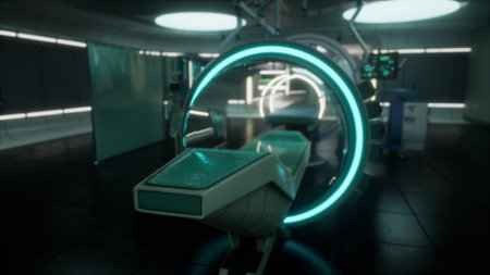 A sleek and modern medical imaging room showcases advanced scanning equipment surrounded by soft lighting. The clean and spacious area hints at innovative healthcare solutions.の写真素材
