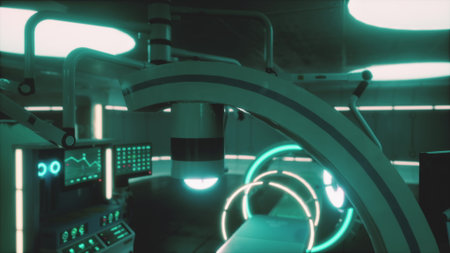 Setting showcases advanced medical equipment designed with sleek lines and glowing neon accents. The ambient lighting creates a modern atmosphere, suggesting a focus on cutting edge healthcare.の写真素材
