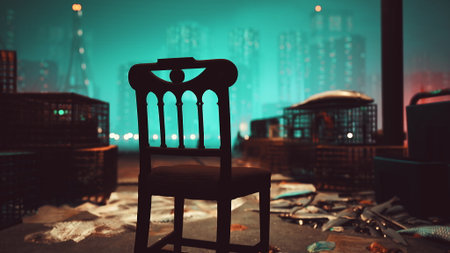 In a forgotten urban area, a solitary chair stands among scattered debris. The atmosphere is eerie as dim lights from distant buildings create a surreal ambiance, evoking a sense of mystery.の写真素材