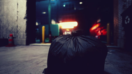 In a dimly lit alley, a large black bag rests on the ground, surrounded by urban buildings. Soft...