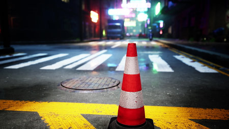 A vibrant street scene at night, illuminated by colorful neon signs. A solitary traffic cone stands...