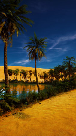 Lush palm trees surround a tranquil oasis, reflecting the deep blue of the twilight sky. Gentle ripples dance on the waters surface, creating a peaceful scene in this desert landscape.の写真素材