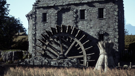A beautifully constructed stone watermill showcases an impressive wooden wheel, surrounded by lush...