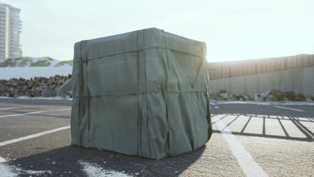 In a quiet parking lot at sunset, a large green wrapped package sits unclaimed. The soft golden...