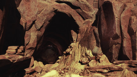 A dark cave entrance beckons amid towering rock formations bathed in warm sunlight. The surrounding terrain is filled with scattered stones and earthy tones, creating an intriguing setting.の写真素材