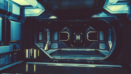 Steel walls and glowing lights create a captivating atmosphere in a futuristic space station corridor. The elegant design invites exploration into unknown realms where adventure awaits.の写真素材