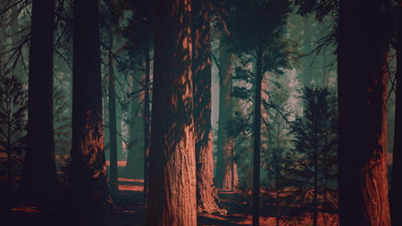 Tall trees with majestic trunks rise in a serene forest scene, their shadows stretching across the ground. Soft light filters through leaves, creating a warm and enchanting atmosphere.の写真素材