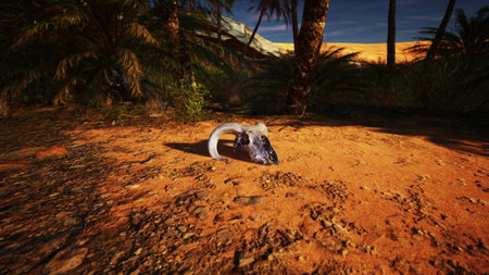 In a serene desert setting, a ram skull lies on the warm, sandy ground, illuminated by the soft glow of a mesmerizing sunset. Palm trees sway gently in the warm breeze.の写真素材