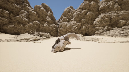 Under a clear blue sky, a lone skull rests on golden sands surrounded by towering cliffs. The stark desert environment creates a haunting yet captivating scene of natures beauty.の写真素材