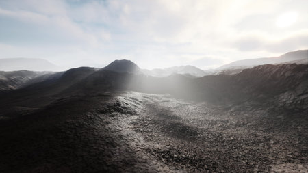 A breathtaking landscape unfolds with rolling hills and rugged terrain bathed in soft light. The atmosphere is tranquil, evoking a sense of wonder at natures grandeur.の写真素材