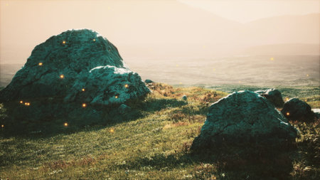 Golden light bathes a tranquil landscape at sunset, illuminating large rocks surrounded by lush grass. Tiny sparkles dance in the air, enhancing the peaceful atmosphere of natures beauty.の写真素材