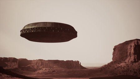 A round metallic spacecraft floats silently over a vast, rocky desert landscape. The sky glows with...