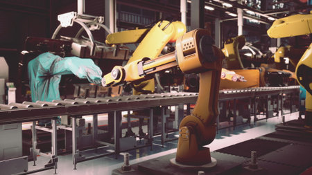 In a bustling factory, robotic arms are actively assembling components on a conveyor belt. The...