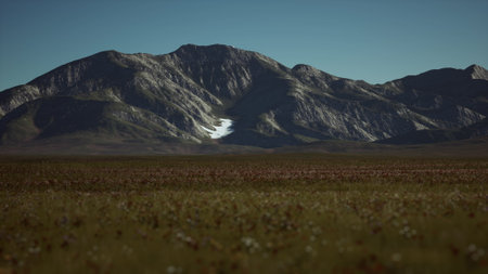 Tall mountains rise majestically against a clear blue sky, showcasing a patch of snow on their...