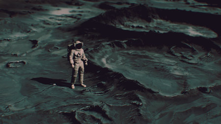 An astronaut stands on the rugged surface of the moon, surrounded by deep craters and dark shadows. The vast expanse of space twinkles above as silence reigns in this world.の写真素材