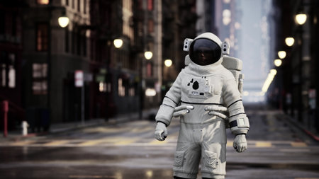 In a deserted city street, an astronaut in a white spacesuit explores the environment. The soft...