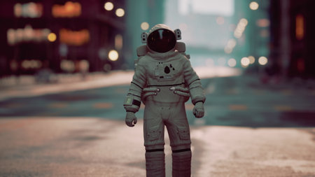 An astronaut stands on a quiet city street, surrounded by tall buildings and glowing lights. The atmosphere feels surreal as the urban landscape blends with the presence of space exploration.の写真素材