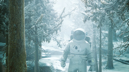 An astronaut walks through a serene, snowy forest, surrounded by tall trees and mist. Soft light filters through the branches, creating a dreamlike atmosphere in this unusual setting.の写真素材