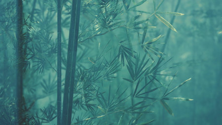 In a peaceful bamboo forest, sunlight softly filters through the tall green leaves. The vibrant shades of green create a serene atmosphere, inviting one to explore and connect with nature.の写真素材