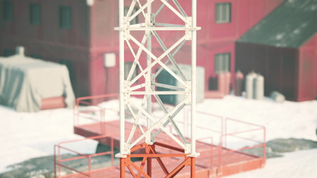 In a snow covered landscape, a tall communication tower stands beside a weathered building. The surroundings are quiet, highlighting the isolation of this remote area during winter.の写真素材