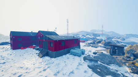 In a serene winter setting, vibrant red cabins stand prominently against a backdrop of white snow and rugged rocks. The clear blue sky enhances the tranquil atmosphere.の写真素材
