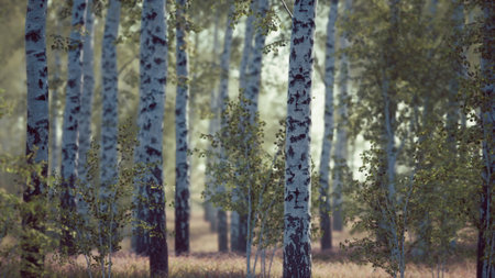 A serene forest filled with tall, slender trees. Sunlight streams through the leaves, casting...