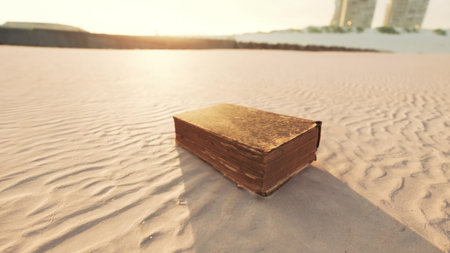 An ancient book lies gently on the warm sand as the sun sets in the background. The fading light casts a golden hue, creating an enchanting atmosphere that invites curiosity.の写真素材