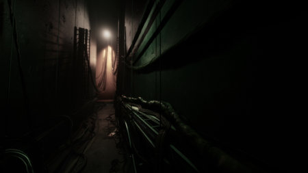 A dimly lit corridor filled with tangled wires stretches into the distance, creating a mysterious and unsettling atmosphere. The faint light at the end draws the eye.の写真素材