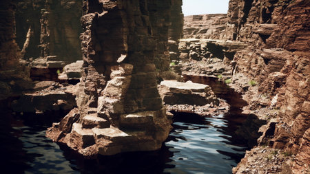 Stroll through rugged canyons where towering rock formations stand guard over a calm river. Sunlight dances on the water, creating a serene atmosphere in this natural wonder.の写真素材