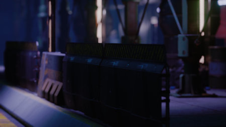 In a dimly lit industrial space, shadows dance across machinery and metal surfaces. Vibrant lights...